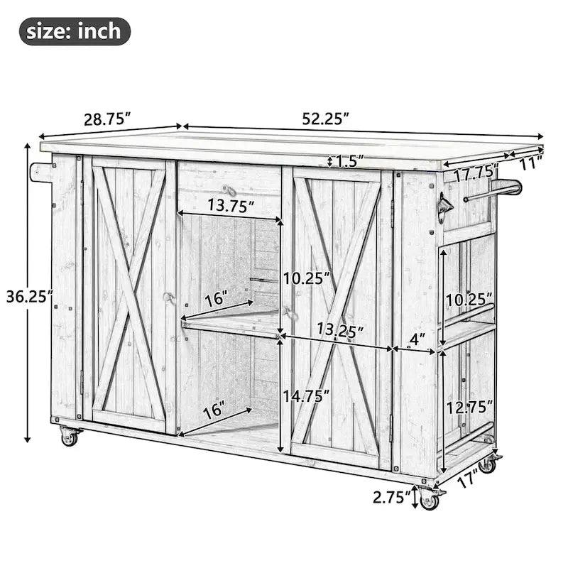Cucina Isola da Esterno in Legno Naturale / Grigio / Nero e Acciaio Inox con Cassetto, Ripiani e Ruote Bloccabili