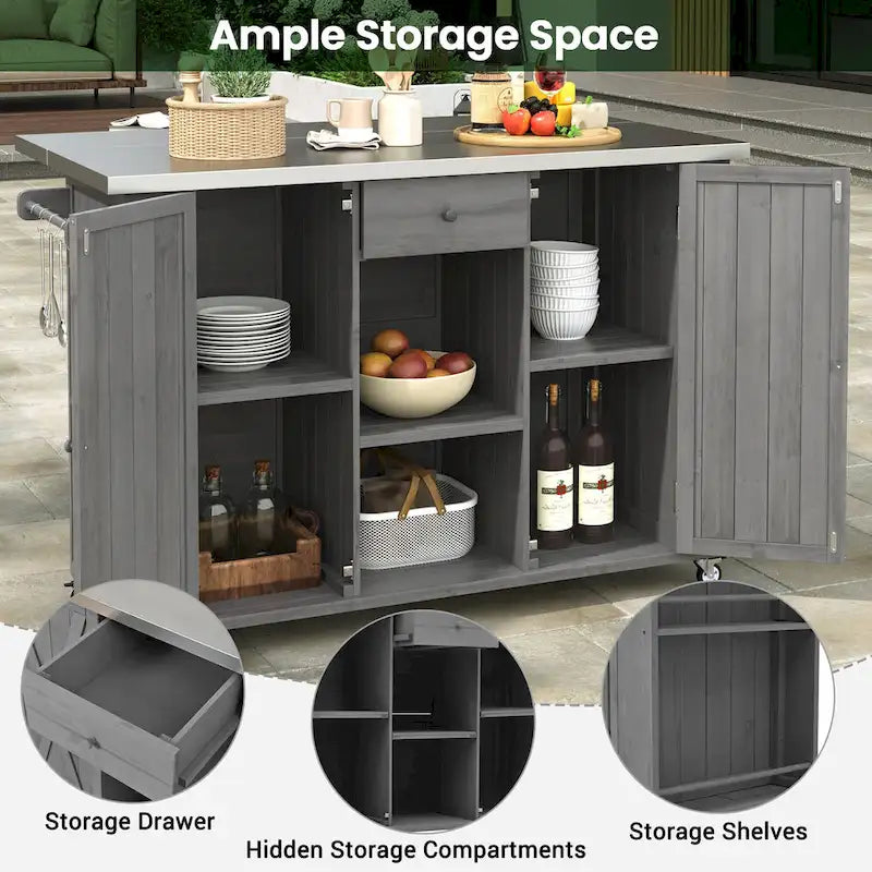 Cucina Isola da Esterno in Legno Naturale / Grigio / Nero e Acciaio Inox con Cassetto, Ripiani e Ruote Bloccabili