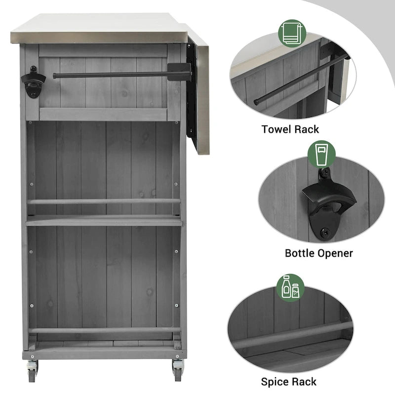 Cucina Isola da Esterno in Legno Naturale / Grigio / Nero e Acciaio Inox con Cassetto, Ripiani e Ruote Bloccabili