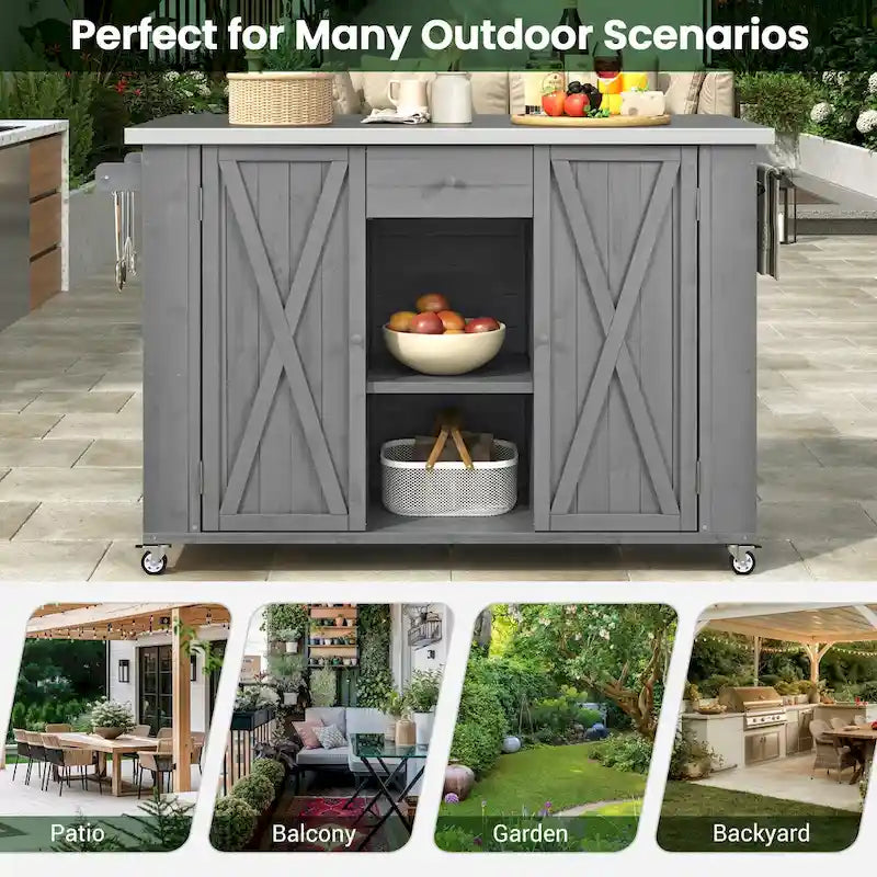Cucina Isola da Esterno in Legno Naturale / Grigio / Nero e Acciaio Inox con Cassetto, Ripiani e Ruote Bloccabili