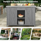 Cucina Isola da Esterno in Legno Naturale / Grigio / Nero e Acciaio Inox con Cassetto, Ripiani e Ruote Bloccabili