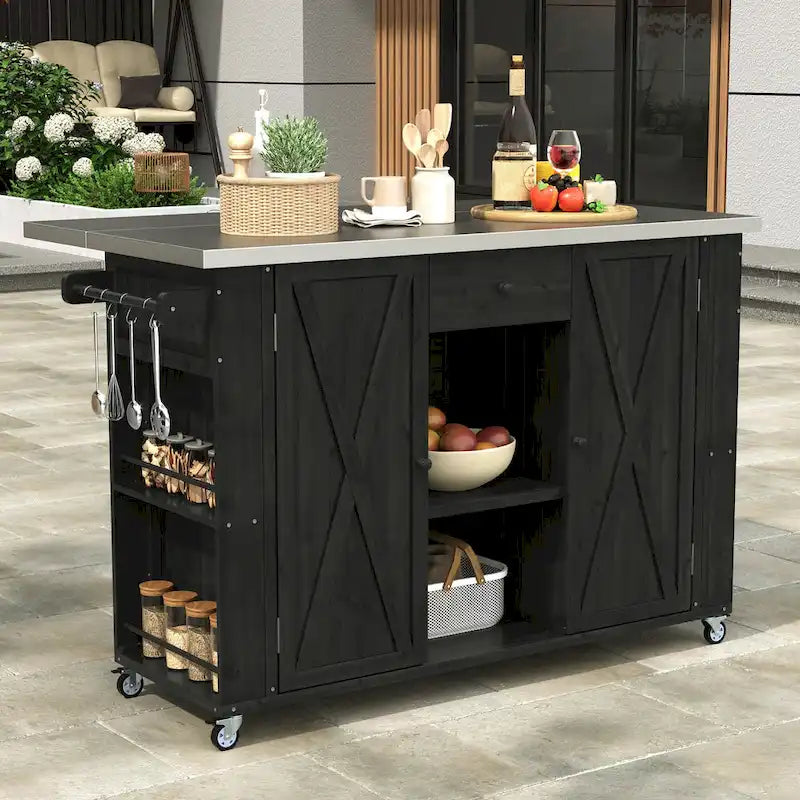 Cucina Isola da Esterno in Legno Naturale / Grigio / Nero e Acciaio Inox con Cassetto, Ripiani e Ruote Bloccabili