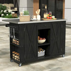 Cucina Isola da Esterno in Legno Naturale / Grigio / Nero e Acciaio Inox con Cassetto, Ripiani e Ruote Bloccabili