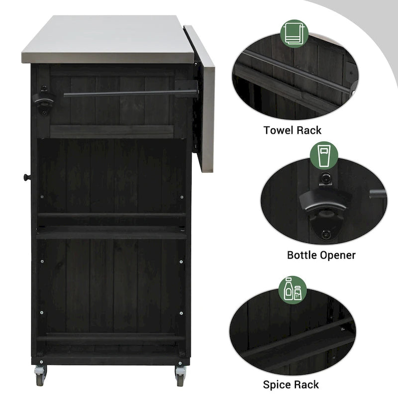 Cucina Isola da Esterno in Legno Naturale / Grigio / Nero e Acciaio Inox con Cassetto, Ripiani e Ruote Bloccabili