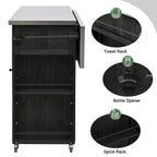 Cucina Isola da Esterno in Legno Naturale / Grigio / Nero e Acciaio Inox con Cassetto, Ripiani e Ruote Bloccabili
