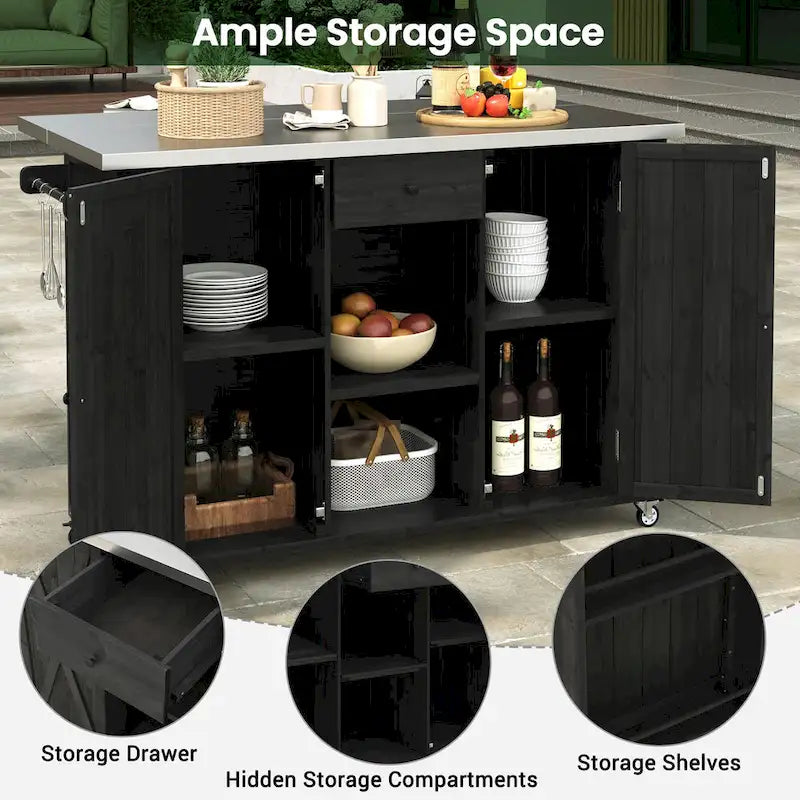 Cucina Isola da Esterno in Legno Naturale / Grigio / Nero e Acciaio Inox con Cassetto, Ripiani e Ruote Bloccabili