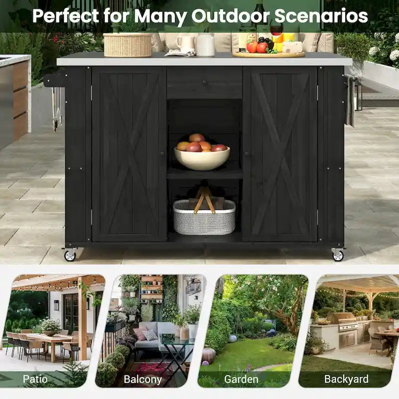 Cucina Isola da Esterno in Legno Naturale / Grigio / Nero e Acciaio Inox con Cassetto, Ripiani e Ruote Bloccabili