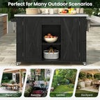 Cucina Isola da Esterno in Legno Naturale / Grigio / Nero e Acciaio Inox con Cassetto, Ripiani e Ruote Bloccabili