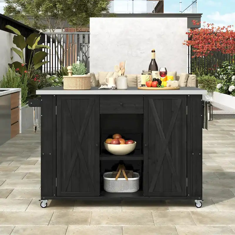 Cucina Isola da Esterno in Legno Naturale / Grigio / Nero e Acciaio Inox con Cassetto, Ripiani e Ruote Bloccabili
