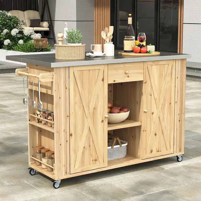 Cucina Isola da Esterno in Legno Naturale / Grigio / Nero e Acciaio Inox con Cassetto, Ripiani e Ruote Bloccabili