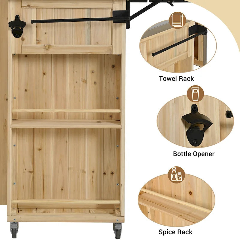 Cucina Isola da Esterno in Legno Naturale / Grigio / Nero e Acciaio Inox con Cassetto, Ripiani e Ruote Bloccabili