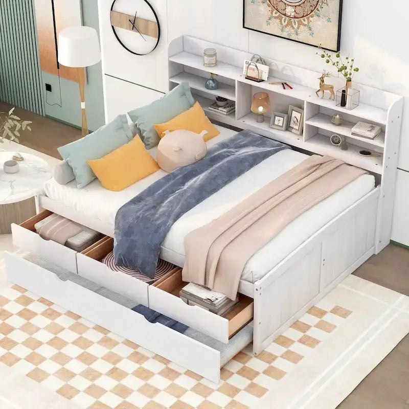 Letto a piattaforma per capitano Full Size con testiera a libreria, 3 cassetti e rotelle — Bianco / Grigio chiaro / Grigio antico