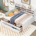 Letto a piattaforma per capitano Full Size con testiera a libreria, 3 cassetti e rotelle — Bianco / Grigio chiaro / Grigio antico