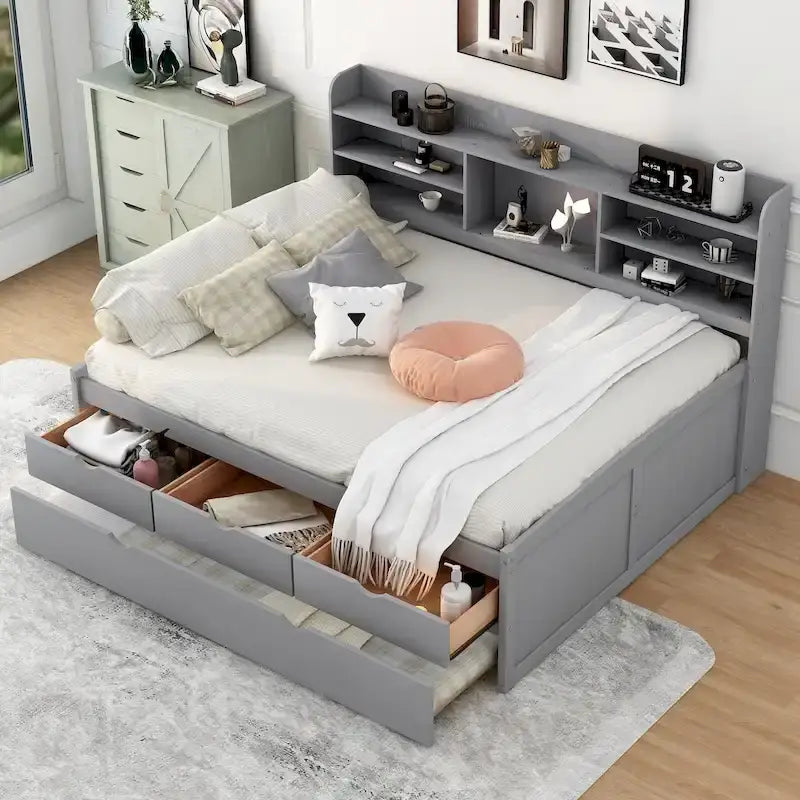 Letto a piattaforma per capitano Full Size con testiera a libreria, 3 cassetti e rotelle — Bianco / Grigio chiaro / Grigio antico