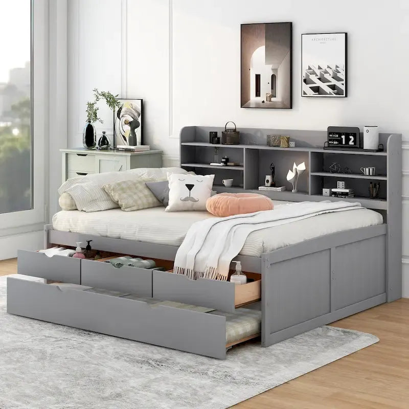 Letto a piattaforma per capitano Full Size con testiera a libreria, 3 cassetti e rotelle — Bianco / Grigio chiaro / Grigio antico