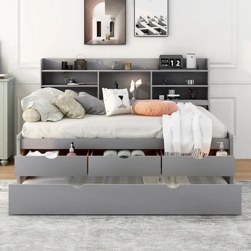 Letto a piattaforma per capitano Full Size con testiera a libreria, 3 cassetti e rotelle — Bianco / Grigio chiaro / Grigio antico