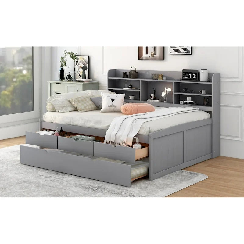 Letto a piattaforma per capitano Full Size con testiera a libreria, 3 cassetti e rotelle — Bianco / Grigio chiaro / Grigio antico