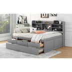 Letto a piattaforma per capitano Full Size con testiera a libreria, 3 cassetti e rotelle — Bianco / Grigio chiaro / Grigio antico