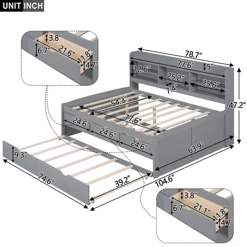 Letto a piattaforma per capitano Full Size con testiera a libreria, 3 cassetti e rotelle — Bianco / Grigio chiaro / Grigio antico