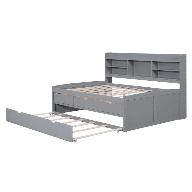 Letto a piattaforma per capitano Full Size con testiera a libreria, 3 cassetti e rotelle — Bianco / Grigio chiaro / Grigio antico