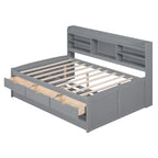 Letto a piattaforma per capitano Full Size con testiera a libreria, 3 cassetti e rotelle — Bianco / Grigio chiaro / Grigio antico