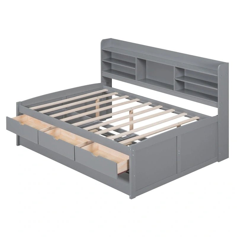 Letto a piattaforma per capitano Full Size con testiera a libreria, 3 cassetti e rotelle — Bianco / Grigio chiaro / Grigio antico