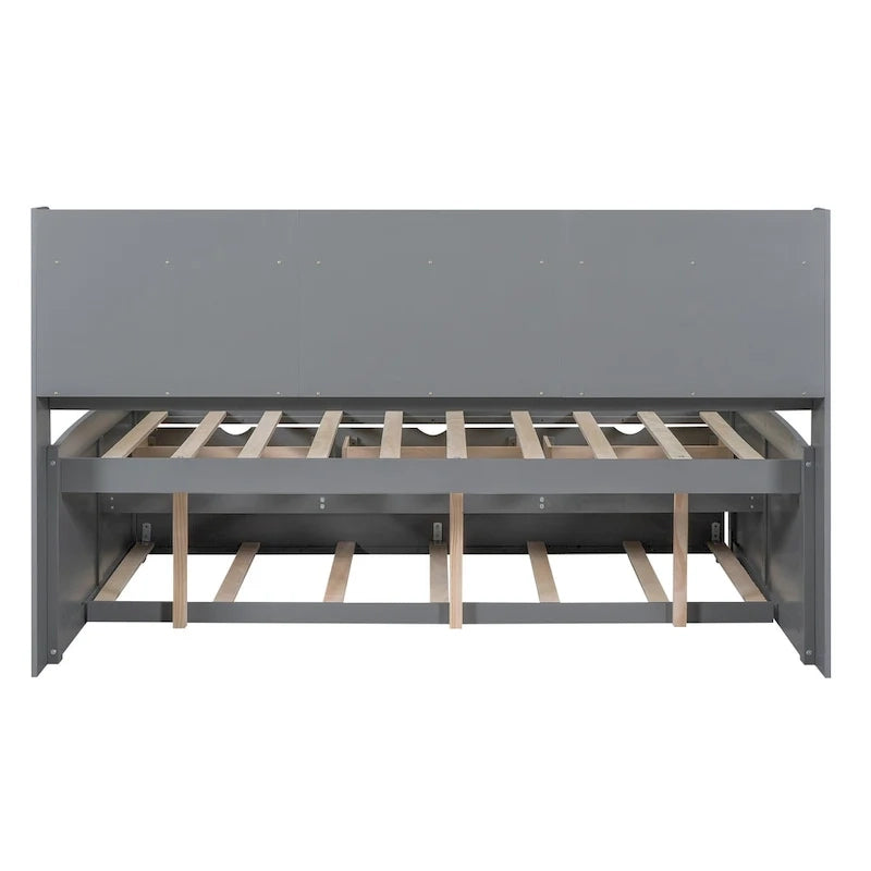 Letto a piattaforma per capitano Full Size con testiera a libreria, 3 cassetti e rotelle — Bianco / Grigio chiaro / Grigio antico