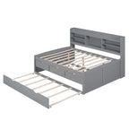 Letto a piattaforma per capitano Full Size con testiera a libreria, 3 cassetti e rotelle — Bianco / Grigio chiaro / Grigio antico