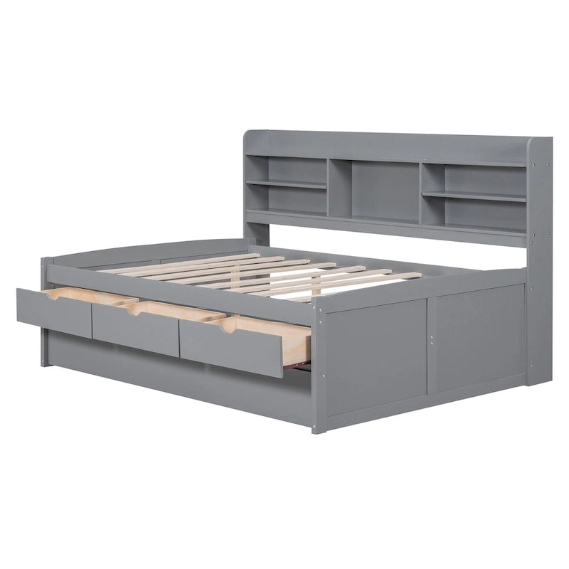 Letto a piattaforma per capitano Full Size con testiera a libreria, 3 cassetti e rotelle — Bianco / Grigio chiaro / Grigio antico