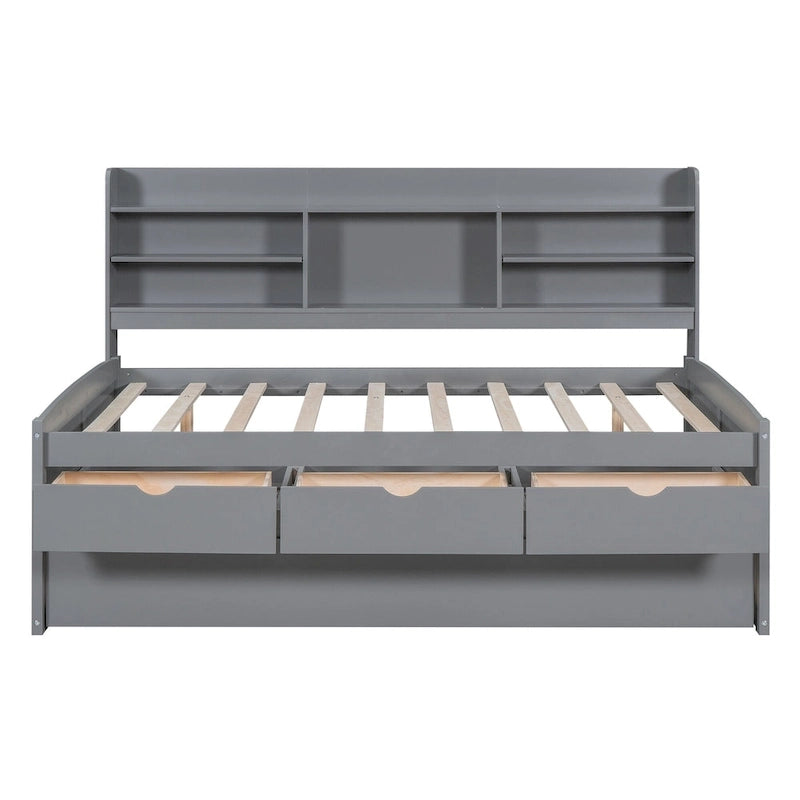 Letto a piattaforma per capitano Full Size con testiera a libreria, 3 cassetti e rotelle — Bianco / Grigio chiaro / Grigio antico