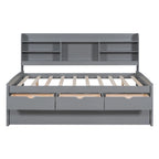 Letto a piattaforma per capitano Full Size con testiera a libreria, 3 cassetti e rotelle — Bianco / Grigio chiaro / Grigio antico