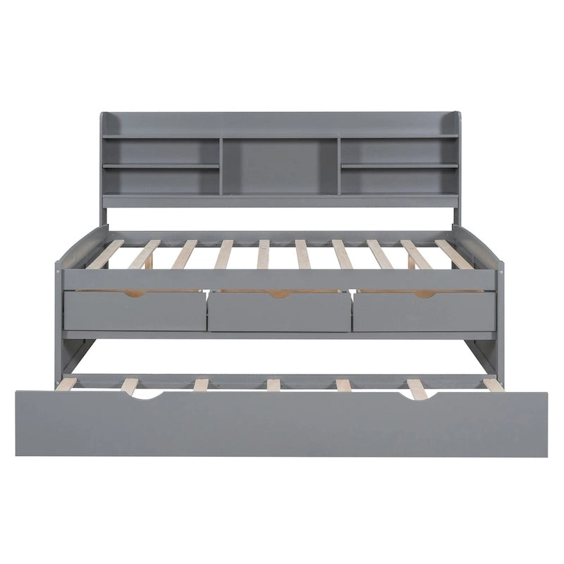 Letto a piattaforma per capitano Full Size con testiera a libreria, 3 cassetti e rotelle — Bianco / Grigio chiaro / Grigio antico