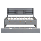 Letto a piattaforma per capitano Full Size con testiera a libreria, 3 cassetti e rotelle — Bianco / Grigio chiaro / Grigio antico