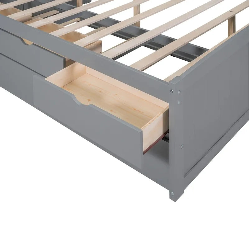 Letto a piattaforma per capitano Full Size con testiera a libreria, 3 cassetti e rotelle — Bianco / Grigio chiaro / Grigio antico