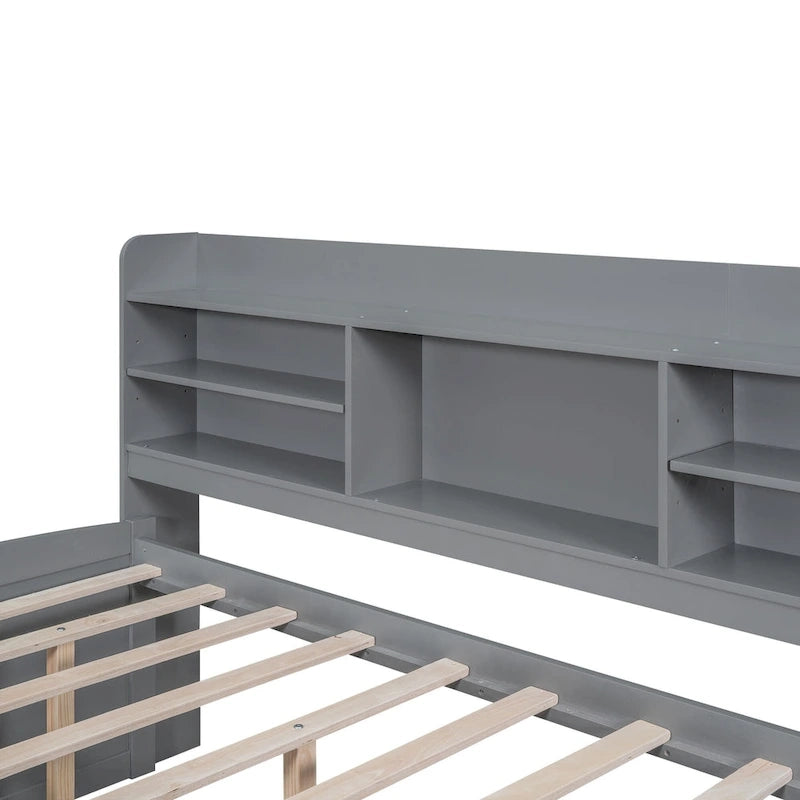 Letto a piattaforma per capitano Full Size con testiera a libreria, 3 cassetti e rotelle — Bianco / Grigio chiaro / Grigio antico
