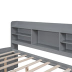 Letto a piattaforma per capitano Full Size con testiera a libreria, 3 cassetti e rotelle — Bianco / Grigio chiaro / Grigio antico