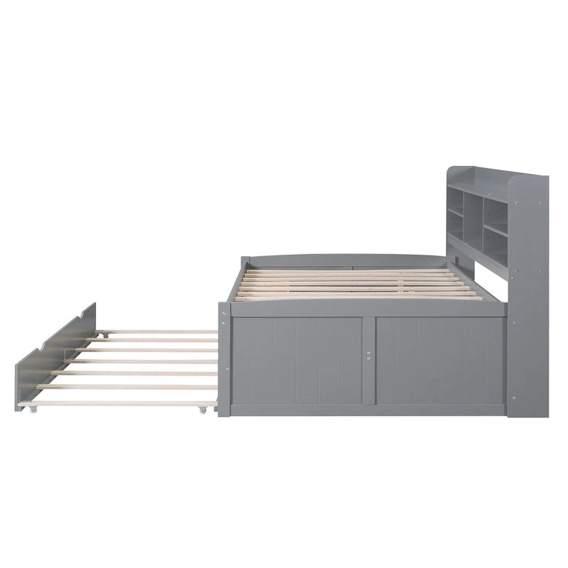 Letto a piattaforma per capitano Full Size con testiera a libreria, 3 cassetti e rotelle — Bianco / Grigio chiaro / Grigio antico