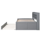 Letto a piattaforma per capitano Full Size con testiera a libreria, 3 cassetti e rotelle — Bianco / Grigio chiaro / Grigio antico
