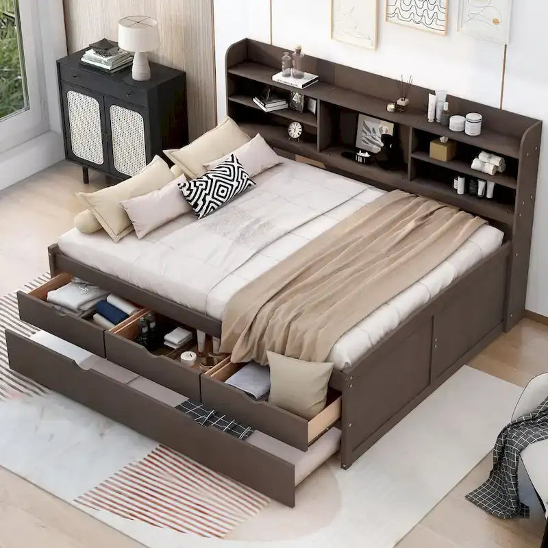 Letto a piattaforma per capitano Full Size con testiera a libreria, 3 cassetti e rotelle — Bianco / Grigio chiaro / Grigio antico