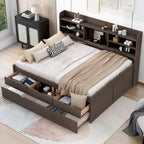Letto a piattaforma per capitano Full Size con testiera a libreria, 3 cassetti e rotelle — Bianco / Grigio chiaro / Grigio antico