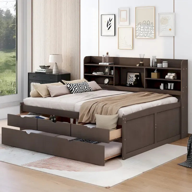 Letto a piattaforma per capitano Full Size con testiera a libreria, 3 cassetti e rotelle — Bianco / Grigio chiaro / Grigio antico