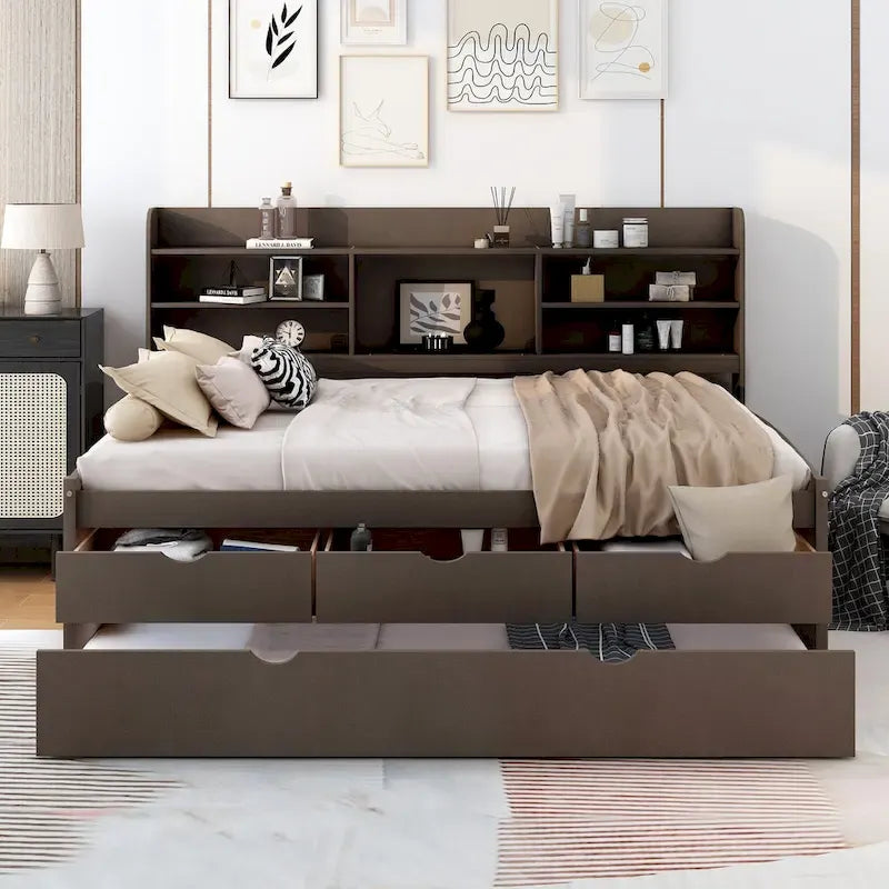 Letto a piattaforma per capitano Full Size con testiera a libreria, 3 cassetti e rotelle — Bianco / Grigio chiaro / Grigio antico