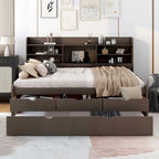 Letto a piattaforma per capitano Full Size con testiera a libreria, 3 cassetti e rotelle — Bianco / Grigio chiaro / Grigio antico