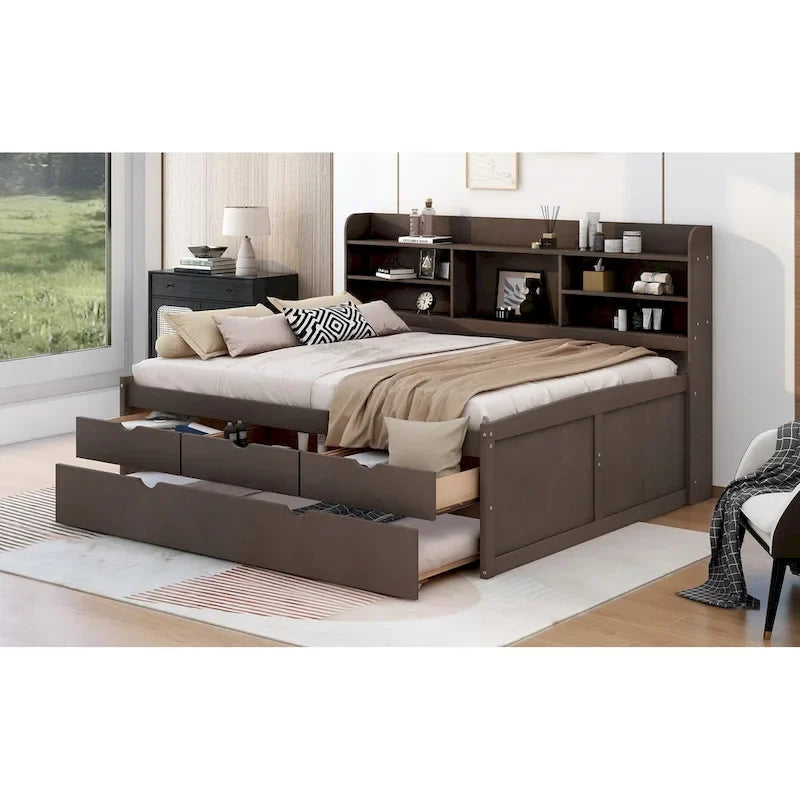 Letto a piattaforma per capitano Full Size con testiera a libreria, 3 cassetti e rotelle — Bianco / Grigio chiaro / Grigio antico