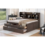 Letto a piattaforma per capitano Full Size con testiera a libreria, 3 cassetti e rotelle — Bianco / Grigio chiaro / Grigio antico