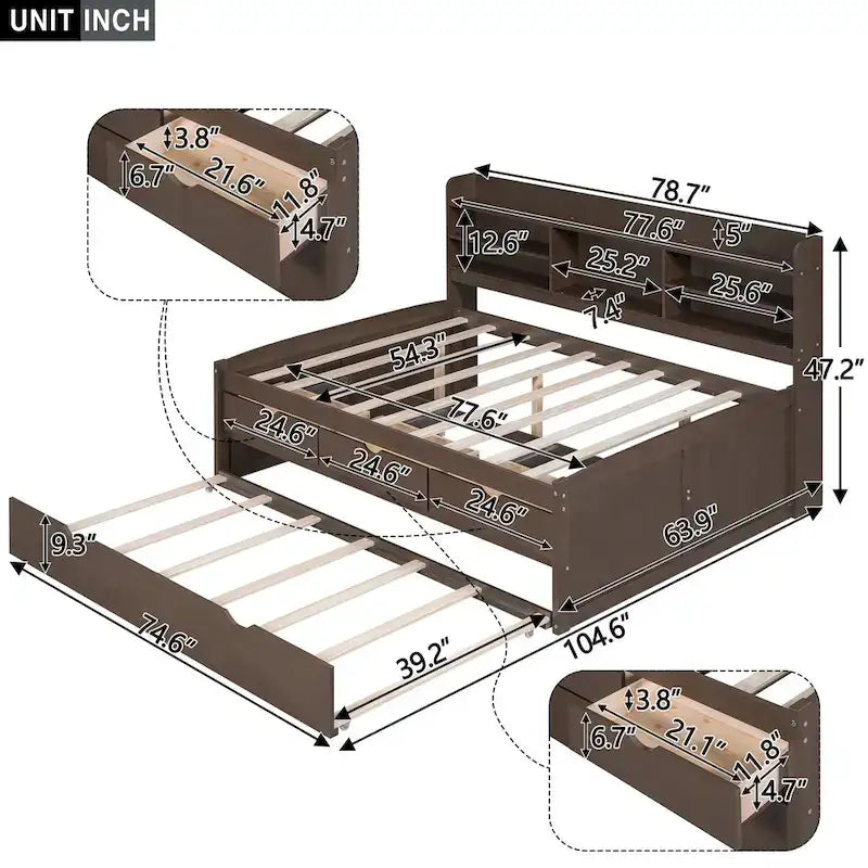 Letto a piattaforma per capitano Full Size con testiera a libreria, 3 cassetti e rotelle — Bianco / Grigio chiaro / Grigio antico