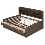 Letto a piattaforma per capitano Full Size con testiera a libreria, 3 cassetti e rotelle — Bianco / Grigio chiaro / Grigio antico