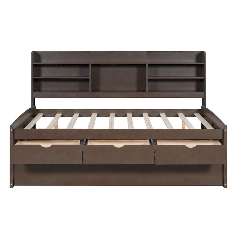 Letto a piattaforma per capitano Full Size con testiera a libreria, 3 cassetti e rotelle — Bianco / Grigio chiaro / Grigio antico