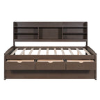 Letto a piattaforma per capitano Full Size con testiera a libreria, 3 cassetti e rotelle — Bianco / Grigio chiaro / Grigio antico