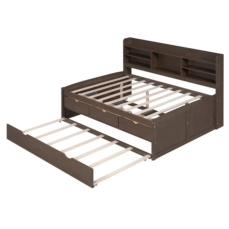 Letto a piattaforma per capitano Full Size con testiera a libreria, 3 cassetti e rotelle — Bianco / Grigio chiaro / Grigio antico